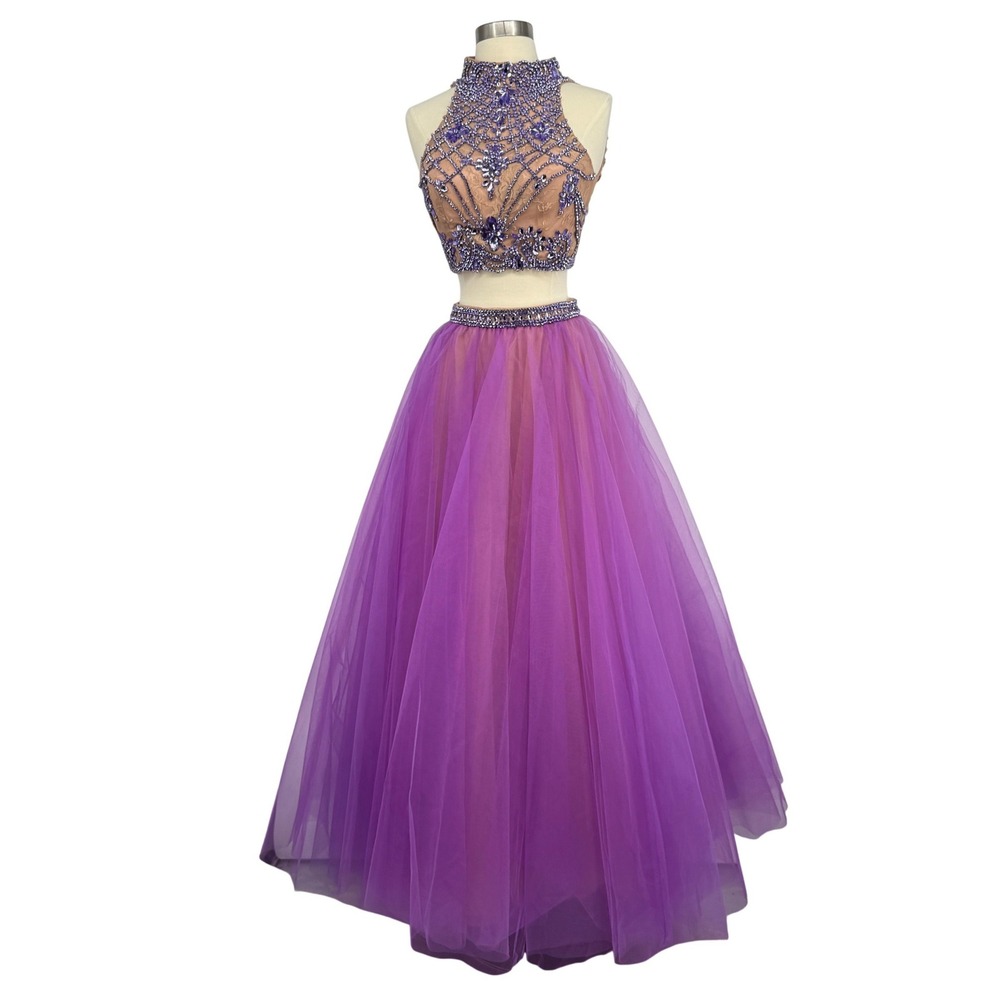 Sherri Hill 2 Piece Prom Dress Purple Beaded Tulle Ball Gown Size 0 Formal Gown
